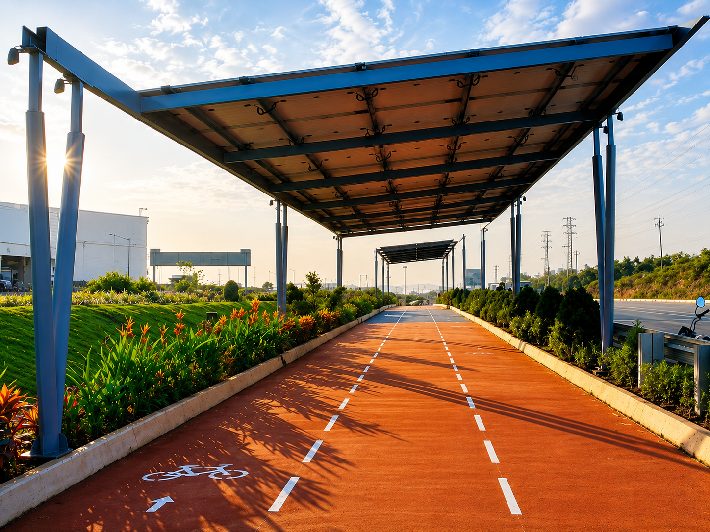 Solar-covered cycle track with fresh lane markings applied by Quantum Industries